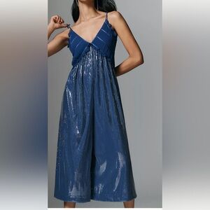 Maeve Large Jumpsuit Anthropologie Fluid Shine Ruffle Crop in Sodalite Blue NWT